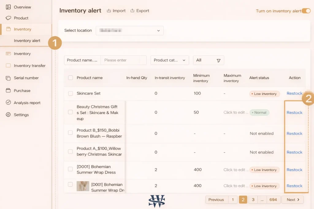 Inventory alert management interface overview