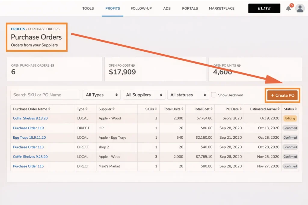 Purchase orders dashboard with metrics