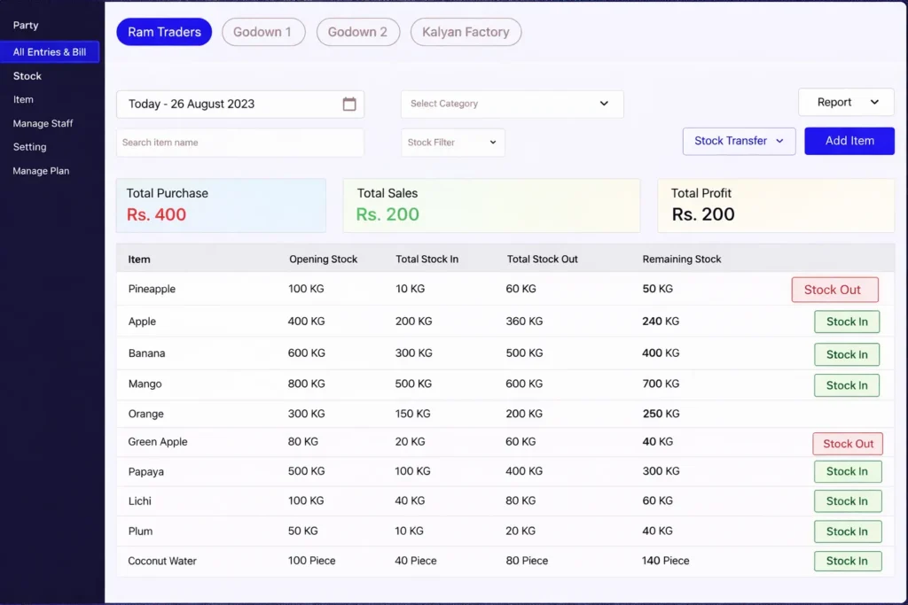 Ram Traders stock management dashboard