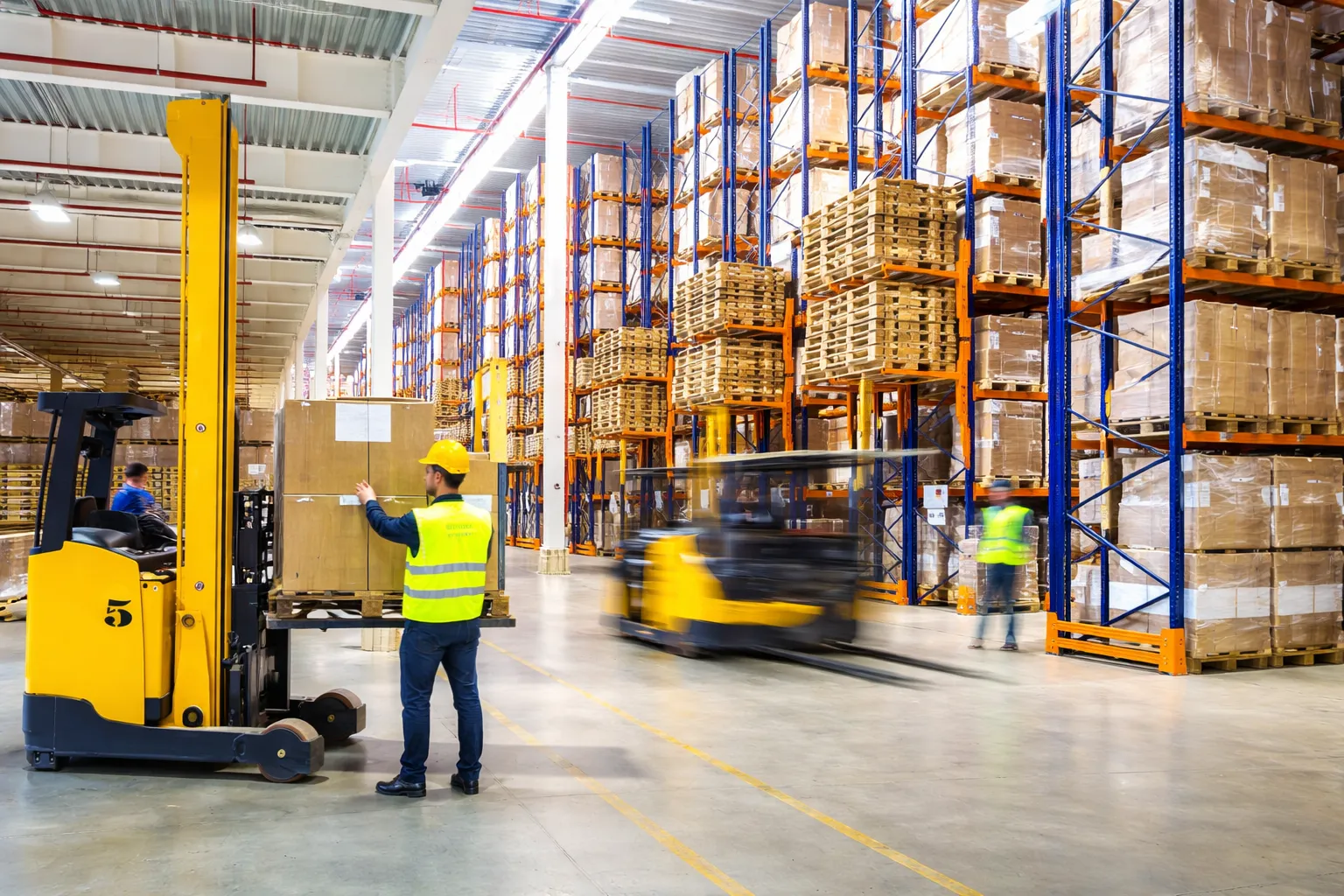 Warehouse in action with forklifts at work